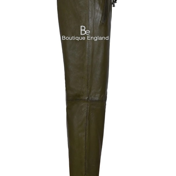 Mens New Olive Green Leather Joggers - Picture 4 of 6